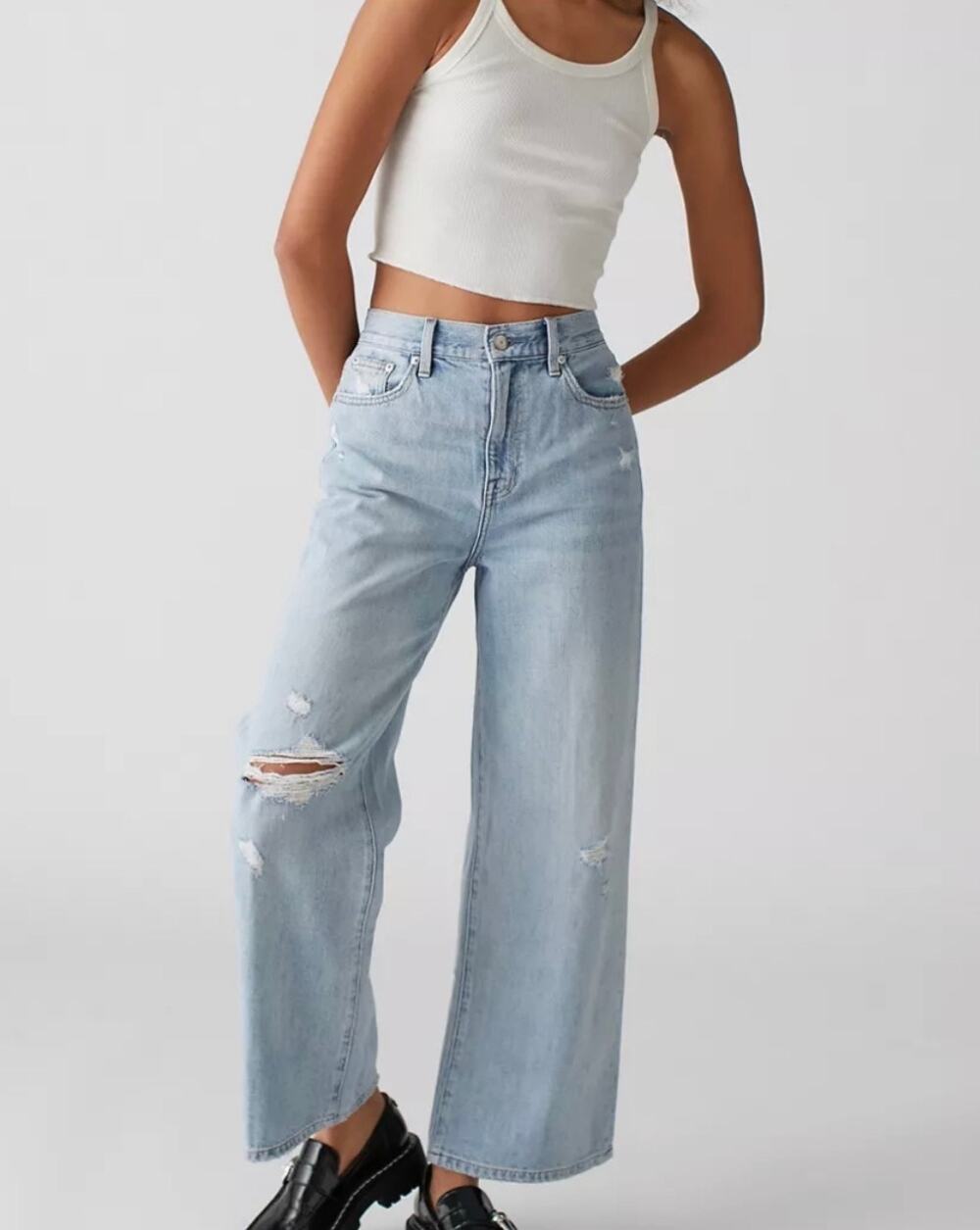 Pistola Loretta Jeans Wide Leg Distressed High Rise Women's 30 Light Wash Grunge